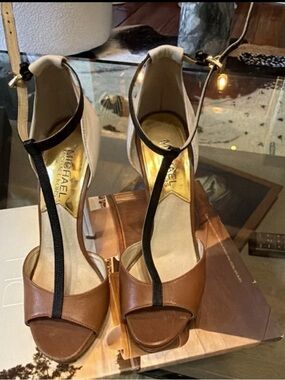 Michael Kors Brown and Black T-Strap High Heel Sandals